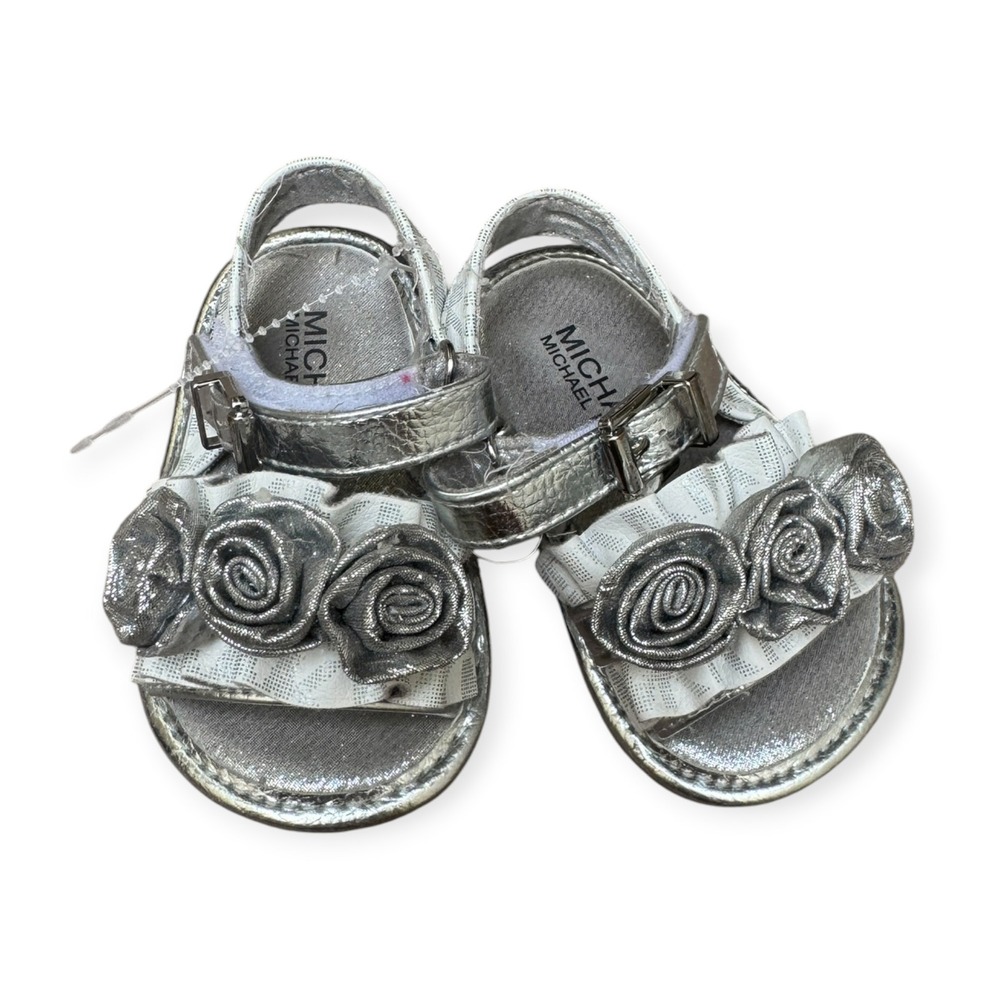 Michael Kors Baby Carina Silver Metallic Floral Rose Crib Sandals Size 3 USA